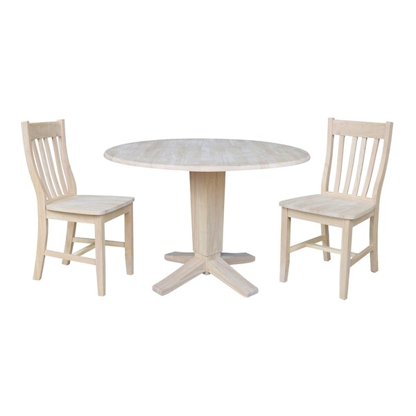 International Concepts 42 in Round Drop Leaf Pedestal Table with 2 Dining Chairs in Unfinished - 3 Piece Set K-42DPT-23B-C61-2 - main